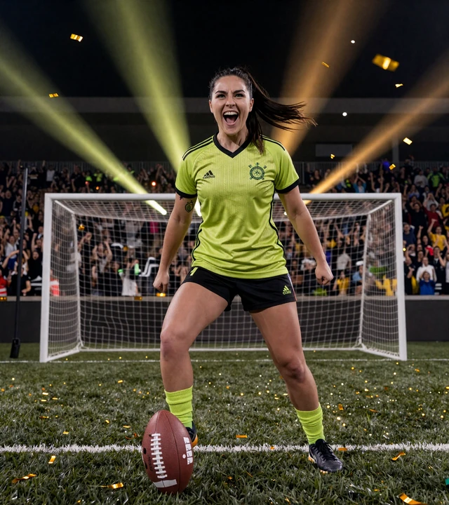 Athletische Frau im lime-gr&uuml;nen Trikot jubelt mit Fu&szlig;ball vor Flutlichtstadion - Sportwetten bei Golazzo Casino