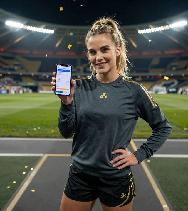 Athletische Frau mit Smartphone und Zahlungsbest&auml;tigung vor Flutlichtstadion bei Golazzo Casino