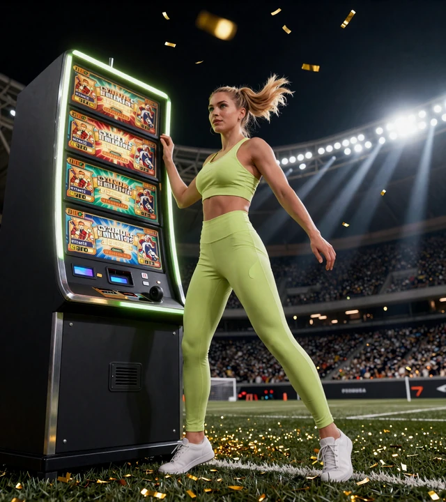 Athletische Frau in lime-gr&uuml;ner Sportkleidung neben leuchtendem Spielautomaten im Golazzo Casino Spiele Hero