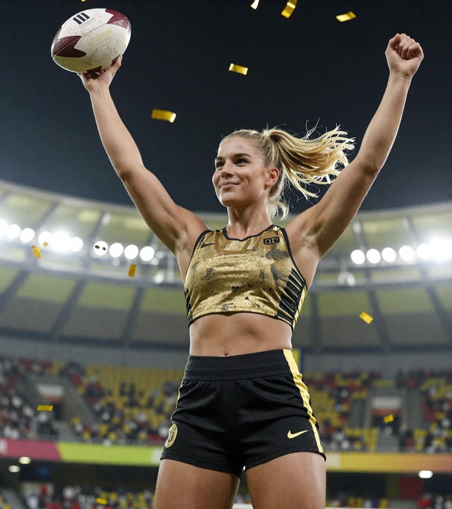 Athletische Frau in gold-schwarzer Sportkleidung feiert mit Fu&szlig;ball und Konfetti vor Flutlicht zum Golazzo Casino Bonus