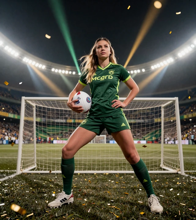 Athletische Frau in lime-gr&uuml;ner Sportkleidung mit Fu&szlig;ball vor Flutlichtstadion im Golazzo Casino Hero